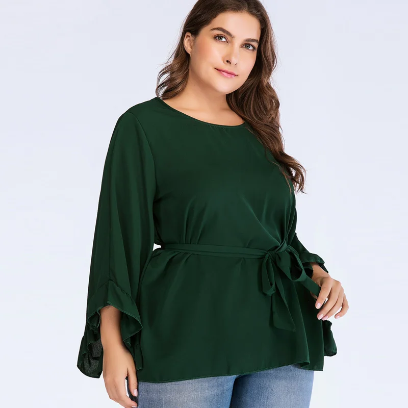SheBlingBling, блузка размера плюс 4XL, женская, v-образный вырез, длинный рукав-клеш, бант, украшение, летняя блузка, Женские топы и блузки