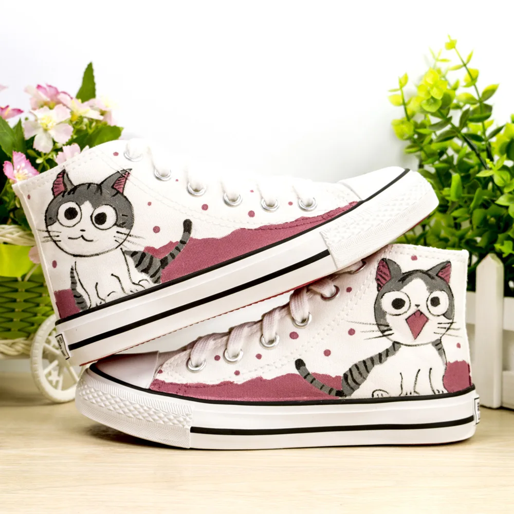 Children's Shoes Cartoon Hand-painted Cute Cat High Tie Canvas Boys and Girls Casual Students Lovers | Детская одежда и обувь