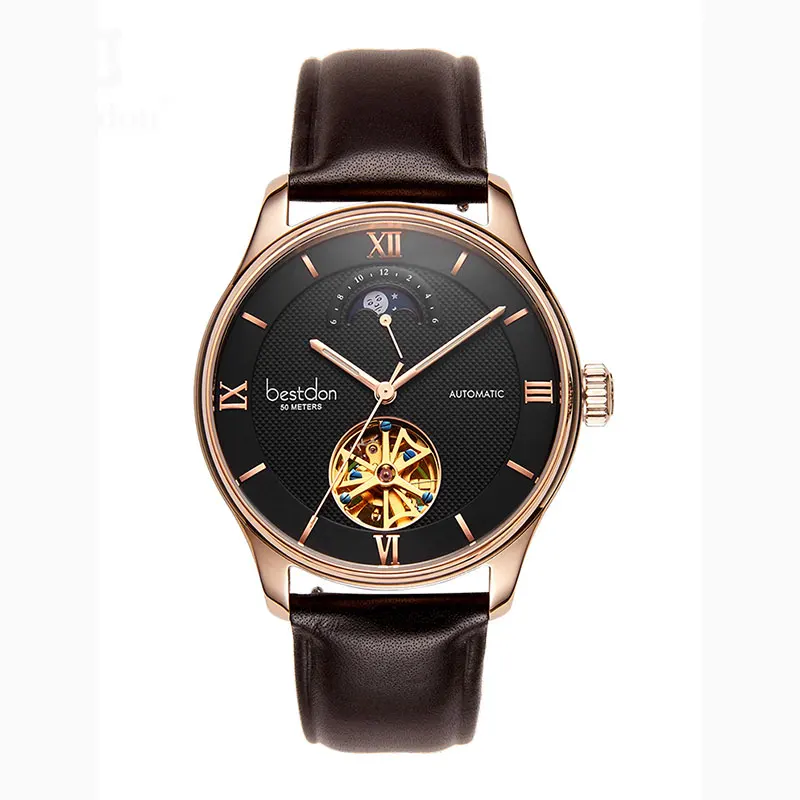 

Bestdon Mechanical Watch Men Leather Skeleton Automatic Wristwatch Switzerland Luxury Brand Man Moon Phase Clock Hollow Business