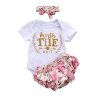 newborn kid baby girl clothes set letter print tops worth the wait bodysuitruffles floral skirted shorts headband 3pcs outfits