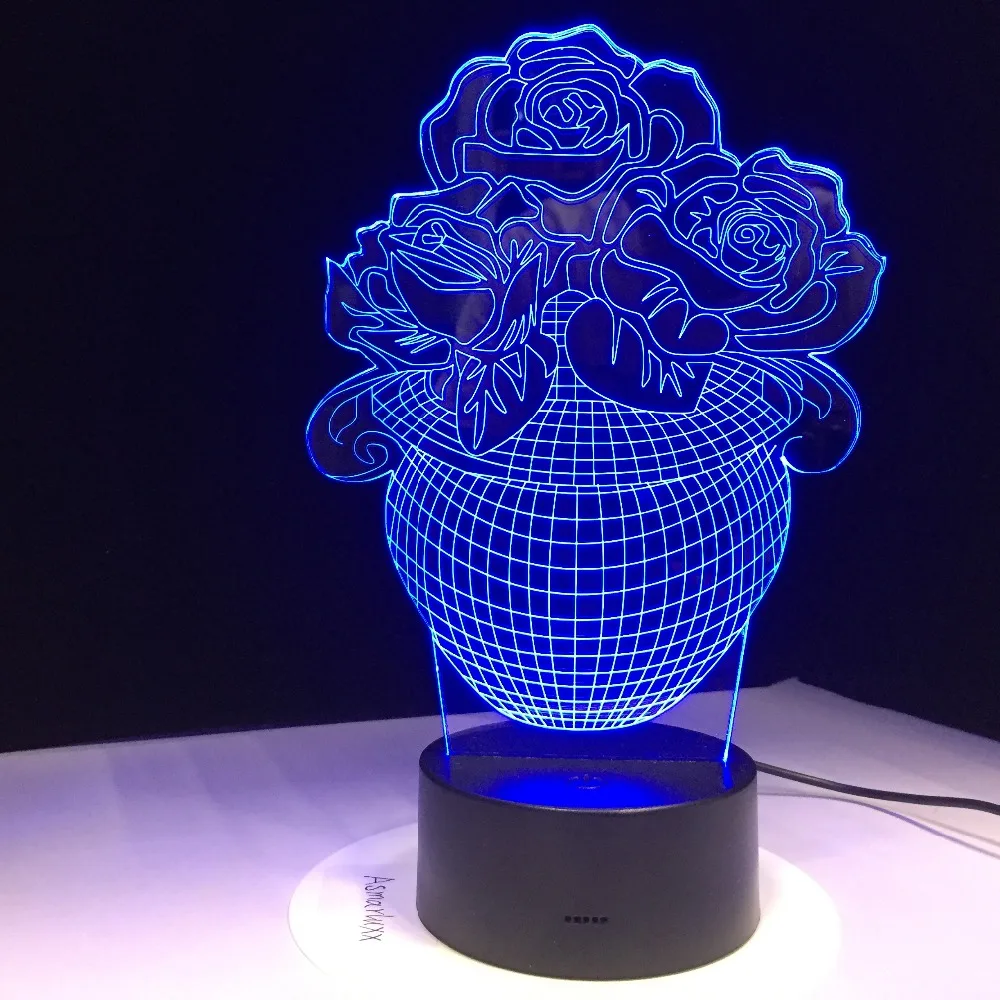 Ночник в виде вазы с 3D розами светодиодный Настольный светильник изменением 7