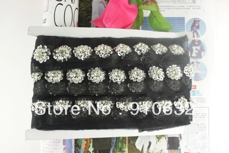 1 ярд черный кружевной цветок Жемчуг Блестки отделка с кристаллами и бисером