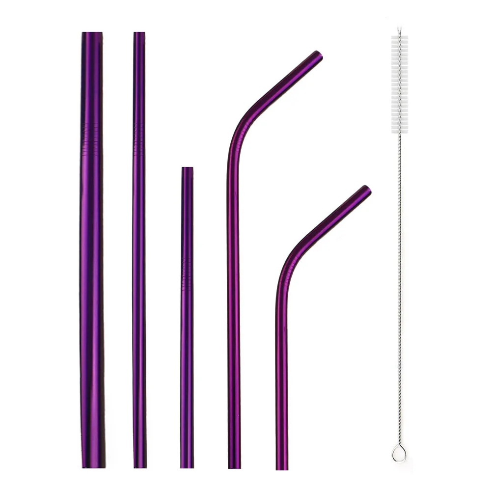 Purple A 6 шт., черная металлическая соломинка, набор, многоразовая соломинка, Радужная, нержавеющая сталь, питьевая соломинка с кистью, смузи, тапиока, жемчуг, чай с молоком - Цвет: Purple A
