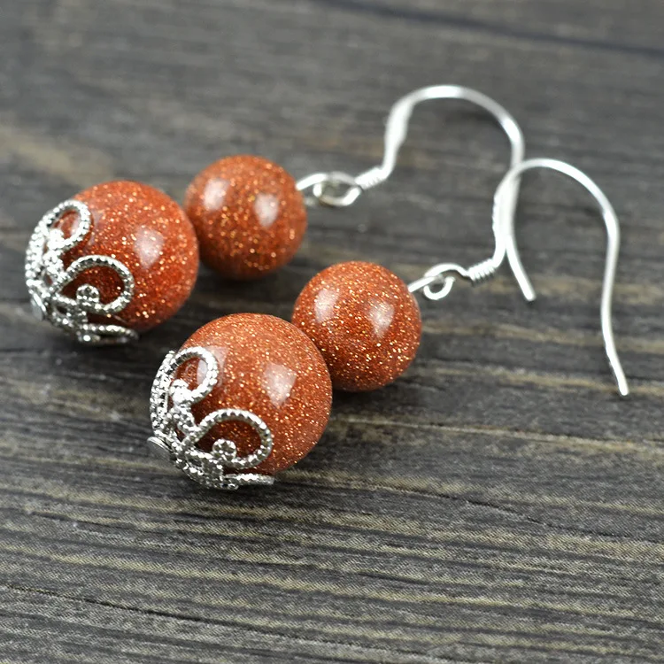 Серьги с натуральным золотым песком тыквы драгоценные камни бусины 10 мм