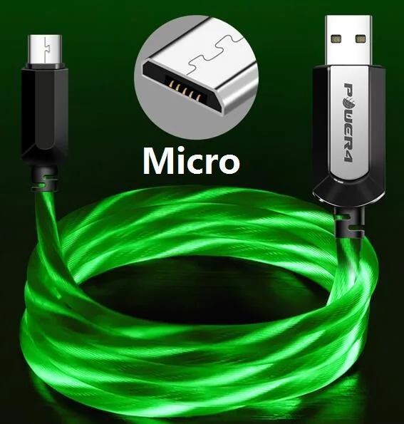 Micro-Green Power4 с подсветкой Micro USB C зарядный кабель для iPhone samsung Led usb type-C зарядный провод для Lightning Apple светящийся кабель - Цвет: Micro-Green