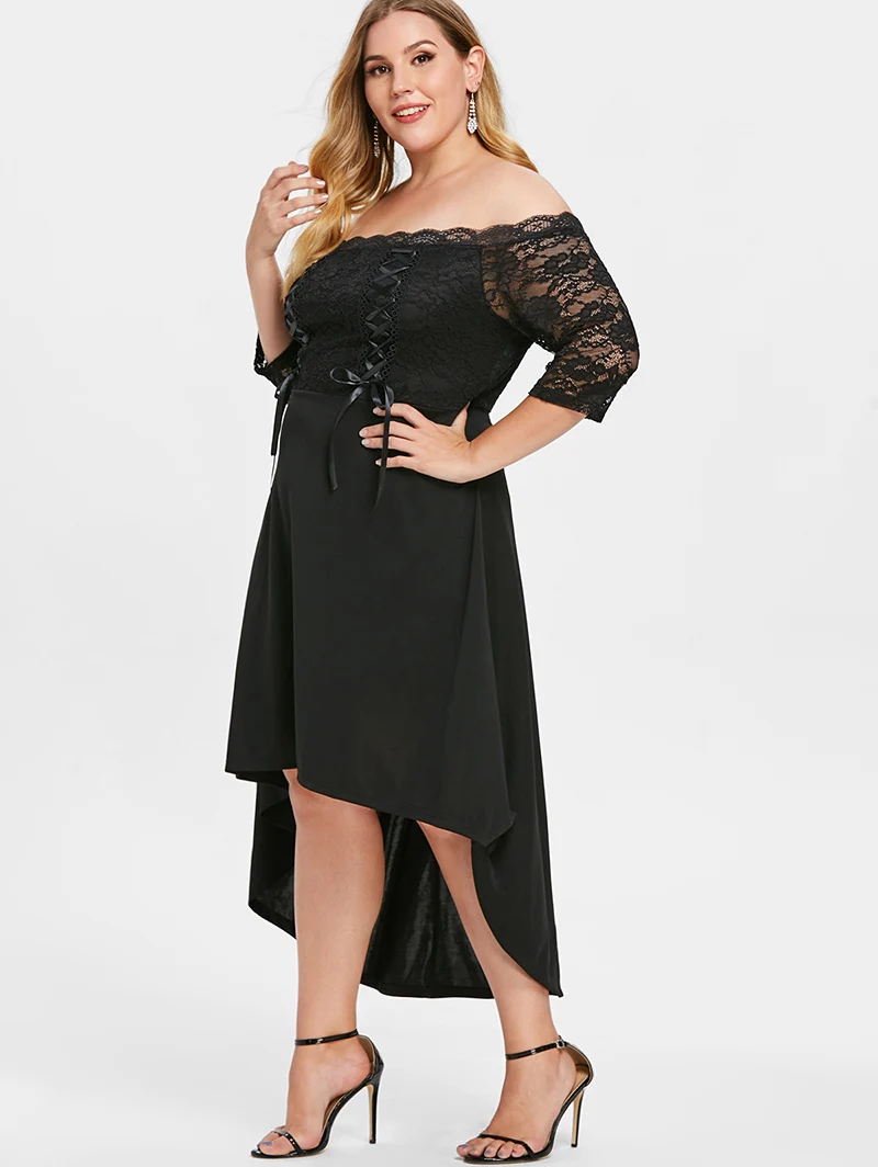 PlusMiss размера плюс 5XL черного цвета из кружев кроше с открытыми плечами платье
