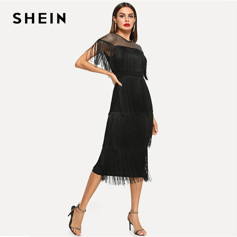 SHEIN Black Highstreet Party Going Out Elegant Sheer Yoke Layered Fringe Detail Dress Autumn Modern Lady Women Dresses