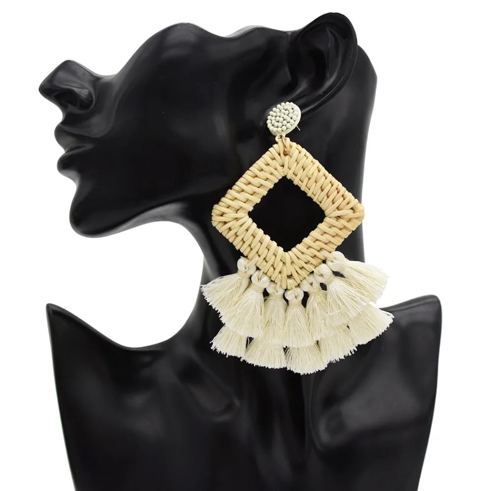 Bohemian Vintage Big Tassel Long Fringed Drop Earrings For Women Black Straw Resin Bead Pendientes Oorbellen Lady Gifts Jewelry | Украшения