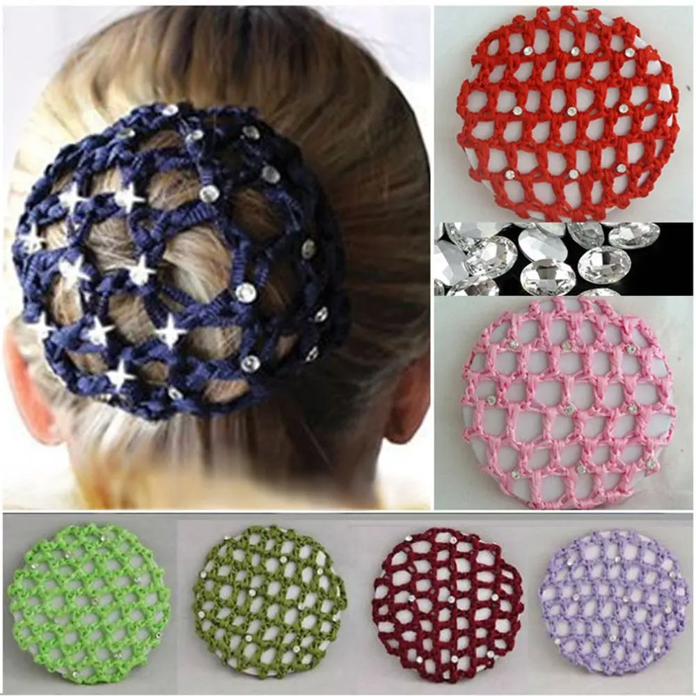

Women Bun Cover Snood Hair Net New Ballet Dance Skating Crochet Chic Rhinestone Point Drill Manual Crochet Hair Net 1pc Headwear
