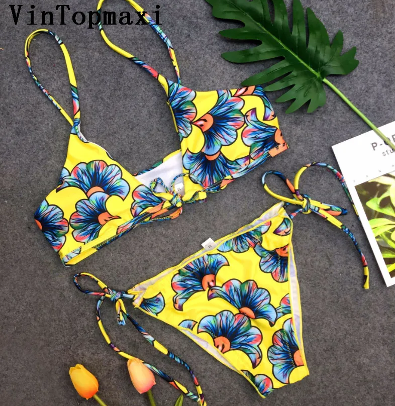 Sexy Swimwear Floral Brazilian Bikini Front Lace up Swimsuit Women Bikinis Set Push Up Bathing Suit Biquini Maillot De Bain |