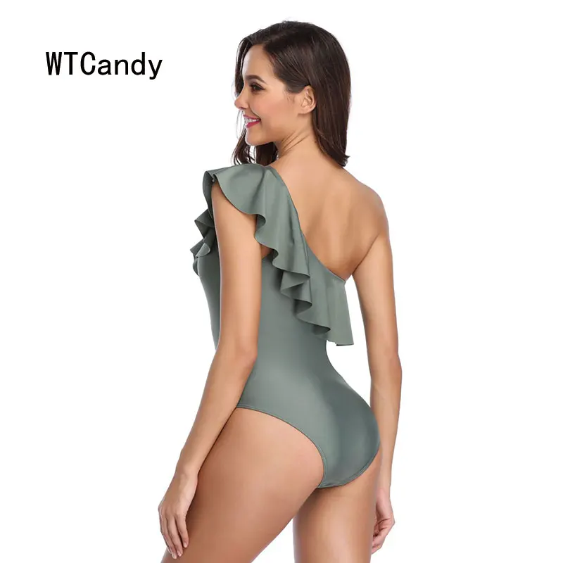 WTCandy сексуальный цельный купальник с одним плечом женский оборками однотонный
