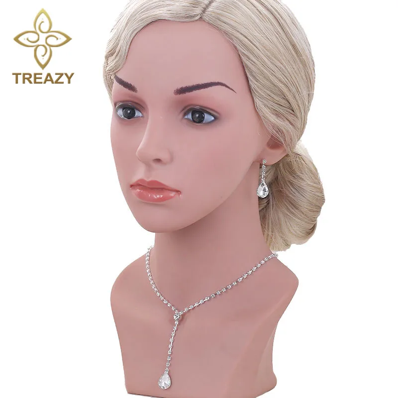 TREAZY, стиль знаменитостей, кристалл, каплевидное длинное ожерелье, серьги, набор, серебряный цвет, Свадебный, для невесты, подружки невесты, ювелирный набор