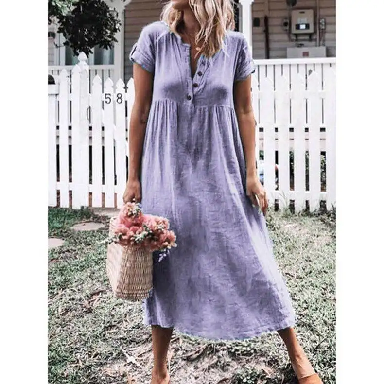 

Wholesale Autumn Bohe Beach Dress Women Dress Sexy V-neck Short Sleeve Dress Ankle-length Loose Dress OM8893