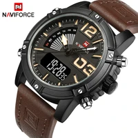 naviforce luxury brand mens sport watches men dual display led digital waterproof leather strap quartz military watch man clock