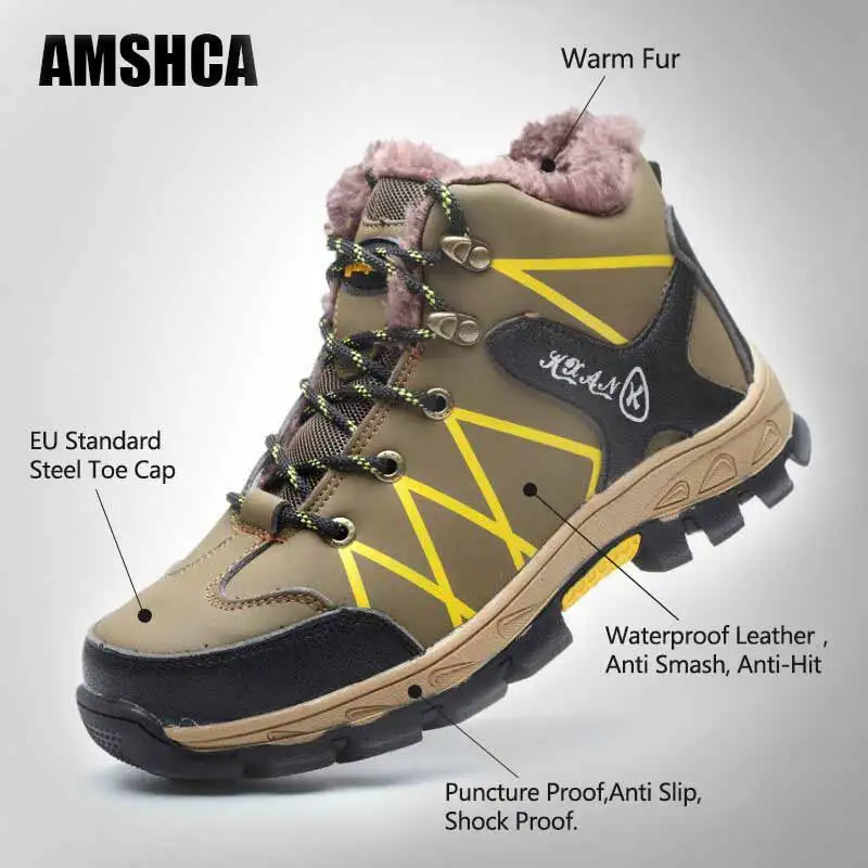 AMSHCA/защитная обувь со стальным носком нескользящая зимняя мужские ботинки