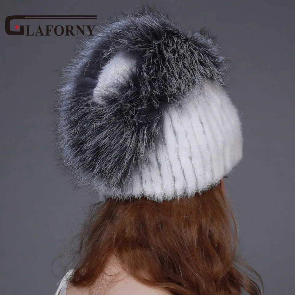 Glaforny 2017 Новый стиль Женская зимняя вязаная норковая меховая шапка с помпонами из