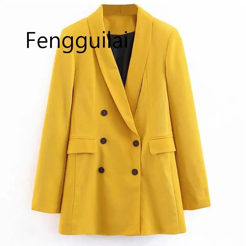 

2019 Women Double Breasted Long Blazers Office Lady Small Suit Jacket Ladies Leisure Yellow Blazer Loose Coat Streetwear