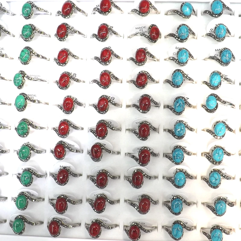 

Hematite Crystal Paved Turquoises Rings For Women Red Blue Green Colors 50pcs Wholesale