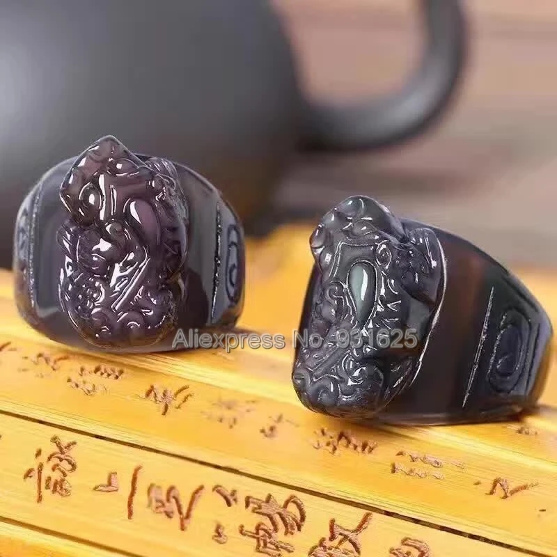 Красивый природный Ice обсидиан резные Pixiu Lucky пальца кольцо моды человека Кольца