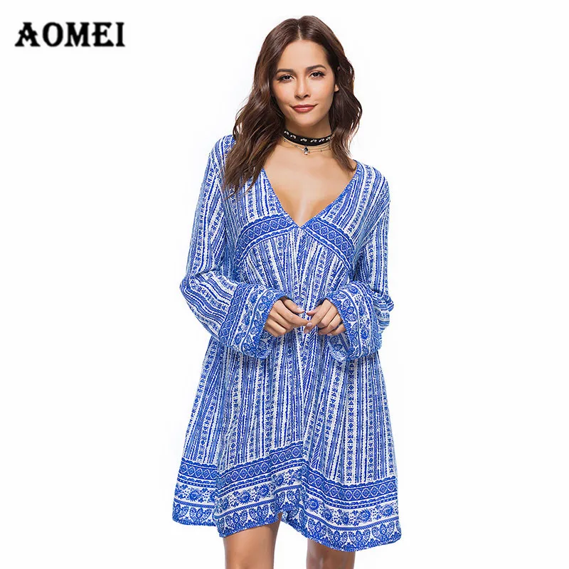 Для женщин oversize-платье Цветочный принт Boho туника для Девочек Глубоким v-образным