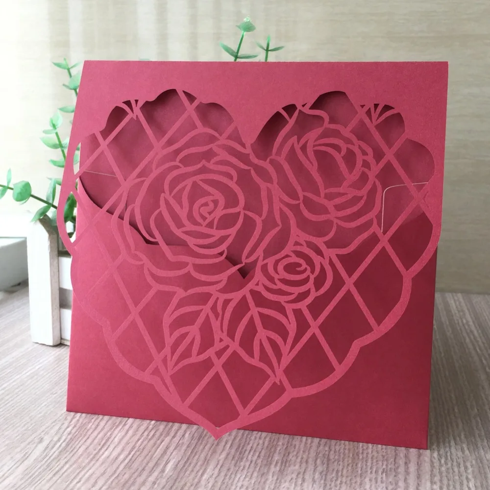 

50pcs/lot Purple Hollow Heart Rose Pearl Paper Wedding Invitations Birthday Party Bless Greeting Business Grand Event