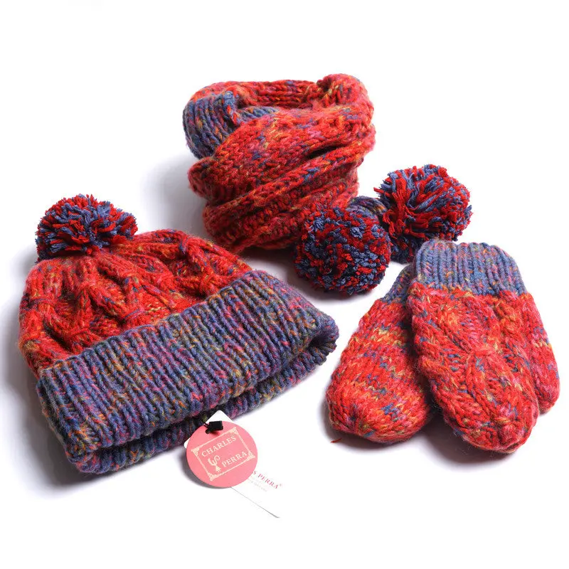 Красный Charles Perra/женские зимние шапки, шарфы, перчатки, комплекты из трех предметов, утепленная бархатная подкладка, повседневная элегантная женская вязаная шапка 8906 - Цвет: Красный