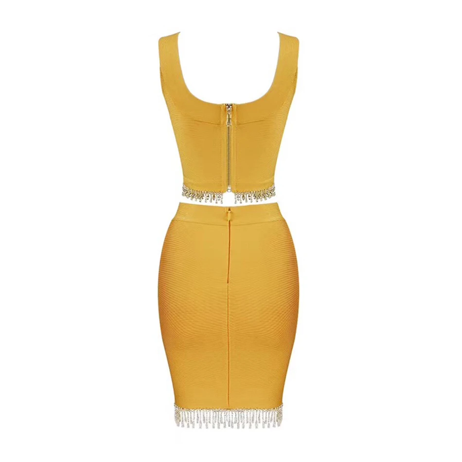 2018 Summer New Orange Sleeveless Bandage Dress High Quality Sexy Bodycon Two Piece Beaded Fringe Party | Женская одежда