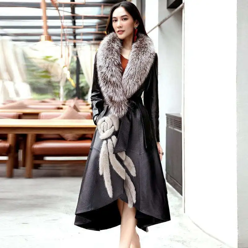 Leather Female 2020 Winter New Leather Long Coat Fashion Slim Big Fox fur Mao Lingjun Green Women's Leather Clothing D324 enlarge