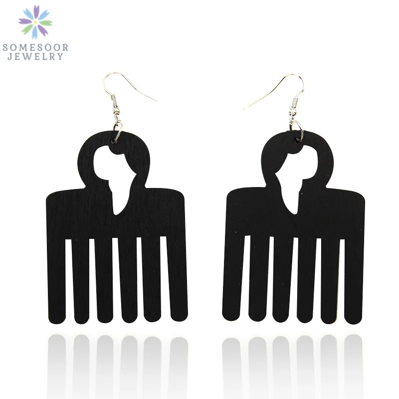 

SOMESOOR Black Brown Afro Comb Natural Wood Drop Earrings With African Map Ethnic Handmade Bohemian Jewelry For Lady Women Gift