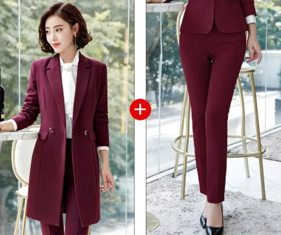 Red Pant Suit Офисная Женская рабочая одежда, костюм с юбкой, двубортный Длинный блейзер и мини-юбка, черный, синий, красный женский костюм с юбкой, комплект из 2 предметов - Цвет: Red Pant Suit