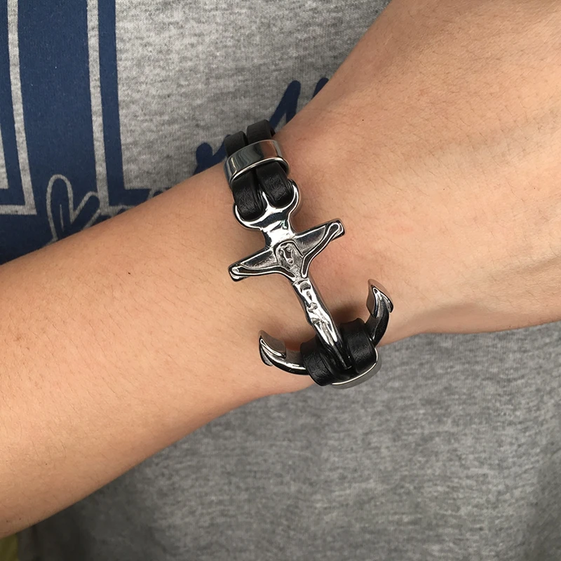 Classic Male Jewelry Cross Bracelet Men Stainless Steel Anchor Charm Double Layer Leather Wrap Bracelets for Man PW781 | Украшения и