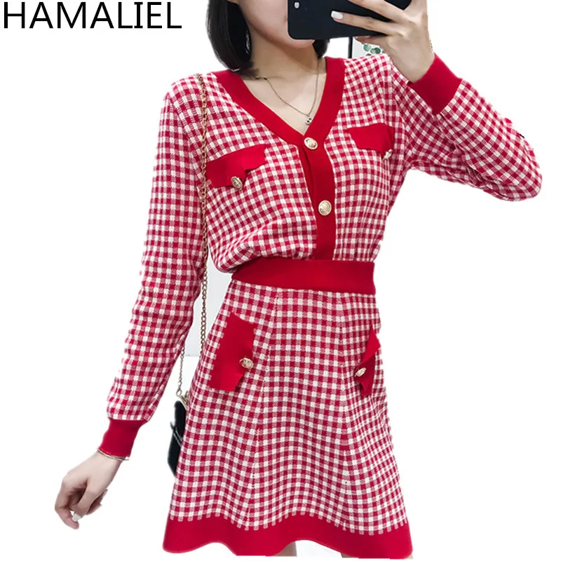 HAMALIEL/осенне зимний комплект из 2 предметов платье 2018 г. модный красный вязаный