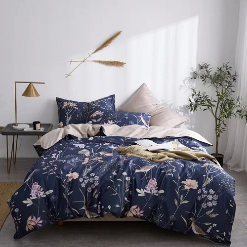 bedding set 9 Лист Цветочные птицы пододеяльник набор потертый темно-синий Египетский хлопок Простыня 4 шт. постельных принадлежностей со скрытой Подушка на молнии sham - Цвет: bedding set 9