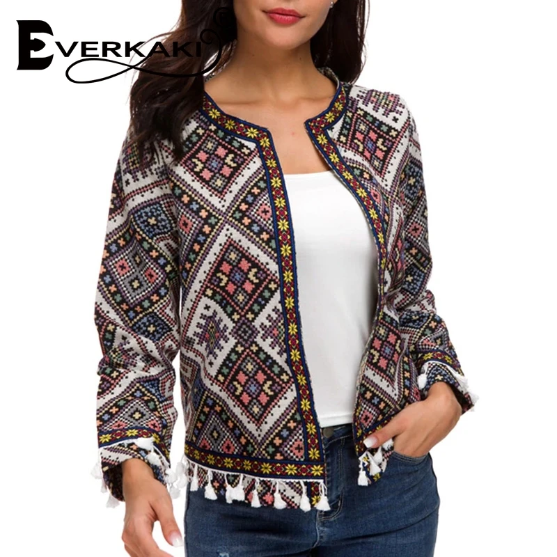 Everkaki Boho Женская куртка с принтом пальто кисточками клетчатая модная