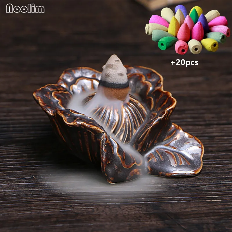 With 20pcs mixed-B Цветок пиона цветочный обратный ладан горелка Держатель подставка База водопад кадильница для ароматерапии дзен Декор для дома и офиса+ 20 шт. конусов - Цвет: With 20pcs mixed-B