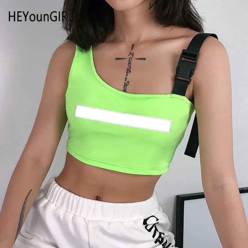 HEYounGIRL Лоскутные полоски Харадзюку неоновый зеленый укороченный Топ для женщин открытая спина сексуальные майки футболки светоотражающие полосы футболка Летняя