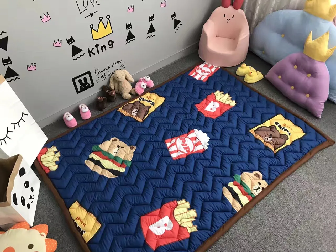 French fries bear Детский Сияющий Хлопок Детская мозаика 2 см толстый игровой коврик для гостиной 140*195 см(55* 76in) складной нескользящий спальный ковер зима - Цвет: French fries bear