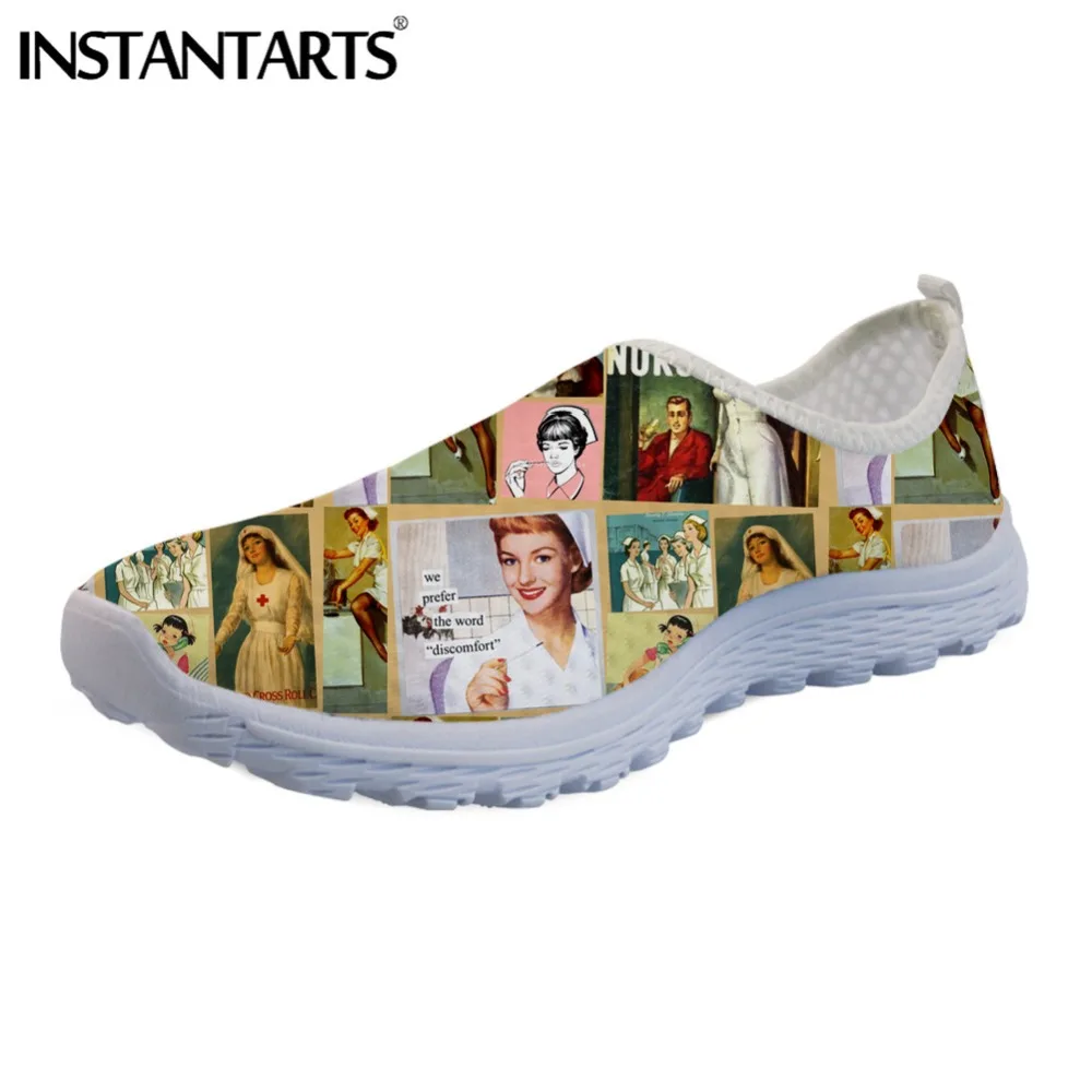 

INSTANTARTS Flats Shoes Cute Cartoon Nurse Sneakers Shoes Women Walking Footwear Lightweight Mesh Shoes 3D Print Summer Loafers