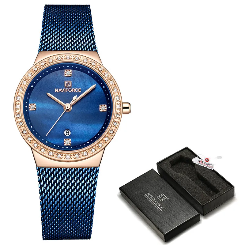 Rose Gold Blue -Box Бренд NAVIFORCE, роскошные часы для женщин, модная одежда, кварцевые наручные часы, женские водонепроницаемые часы из нержавеющей стали, Relogio Feminino - Цвет: Rose Gold Blue -Box
