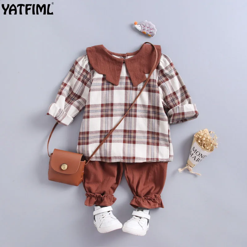 YATFIML/ г. весенне-осенний костюм для досуга детская клетчатая верхняя одежда+ штаны для девочек одежда с длинными рукавами в японском стиле - Цвет: khaki plaid