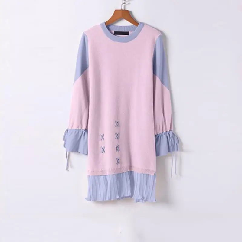 

Women Spring Autumn Sweater Knitted Dresses Contrast Color O-Neck Petal Sleeve Dress Ladies Patchwork A-Line Vestidos 2020 D265