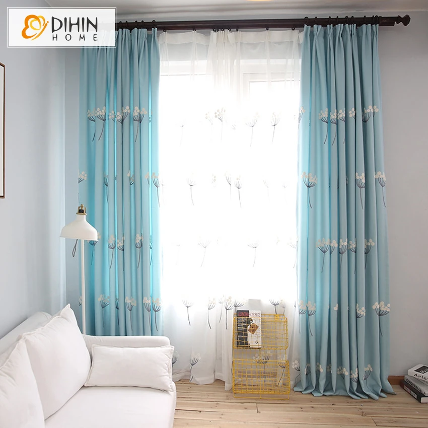 

DIHIN HOME Blue Embroidered Floral Blackout Curtains Custom Made Window Curtain D