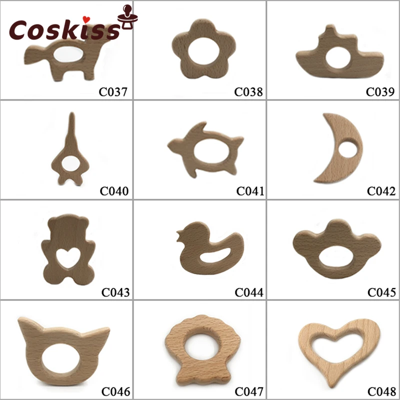 Mordedor de madera de haya suave para beb&eacute;, mordedores de madera Natural con dibujos de animales, accesorios de dentici&oacute;n de madera, juguetes masticables para beb&eacute;, 10 piezas-0
