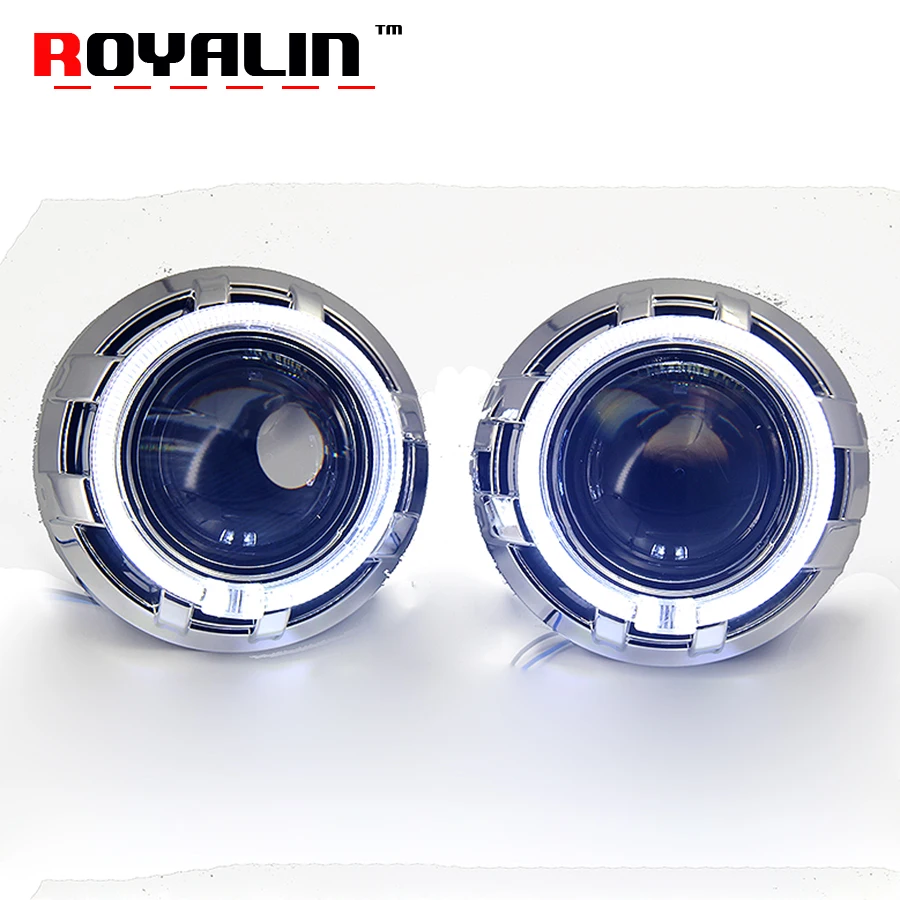 ROYALIN H4, автомобильный Стайлинг, би ксеноновые линзы для Koito Q5, прожекторные фары, линзы 3,0 дюймов, полностью Металлические w/светодиодный, ангельские глазки, белые кольца