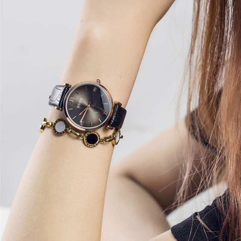 GUOU простые модные часы женские ударопрочные римские с кожаным ремешком|horloge