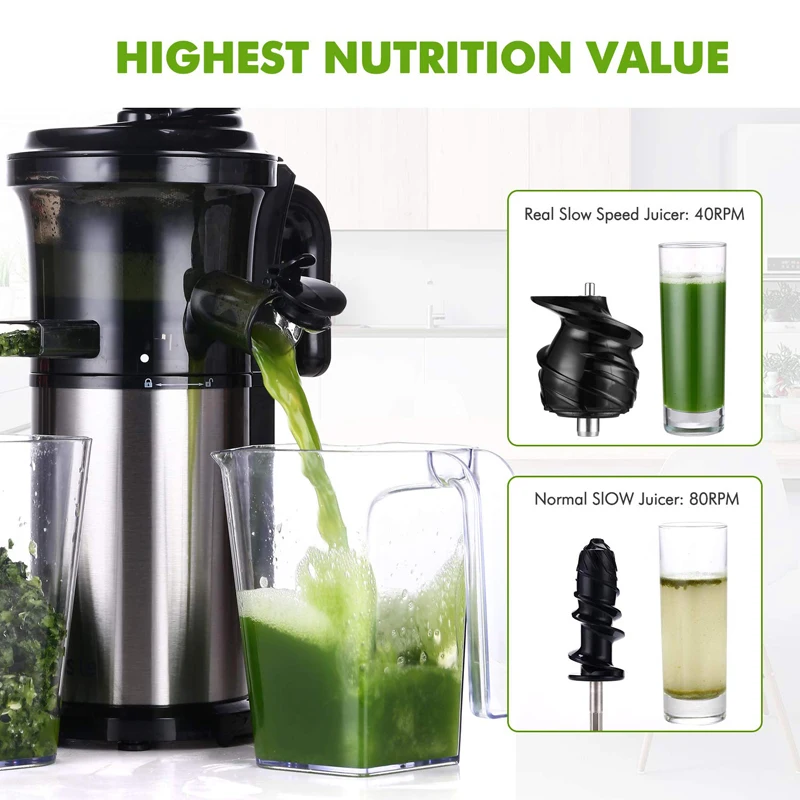 BPA FREE, 200 Вт, 40 об/мин, мастицирующая медленная соковыжималка, низкоскоростная шнековая соковыжималка для фруктов, овощей, холодного отжима, соковыжималка для фруктов из нержавеющей стали