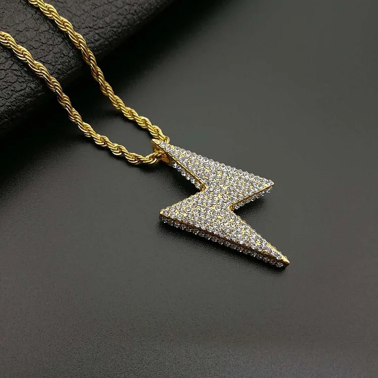 Hip Hop Bling flash Lightning Pendants with full zircon 316L Stainless Steel Jewelry for men free Chain Necklace Dropshipping | Украшения и