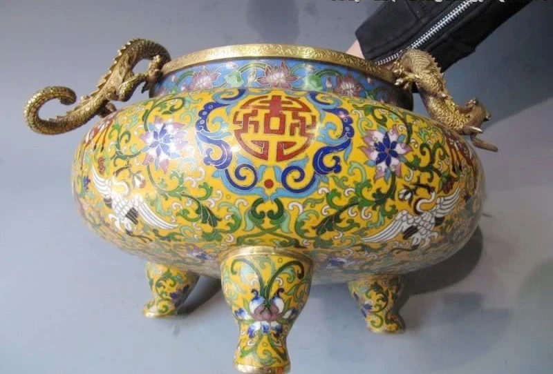 

9,5 100% чистый Бронза Медь Cloisonne 24K Золотая курильница с двумя Драконами