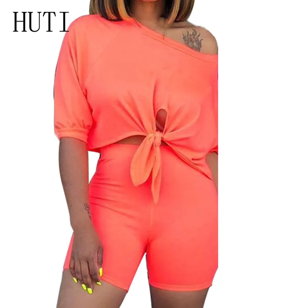 TIYE Two Pieces Sets Off Shoulder Short Sleeve Crop Top and Slim Pants Summer Hollow Out Casual Go Out Playsuits Plus Size XXL - Цвет: Оранжевый