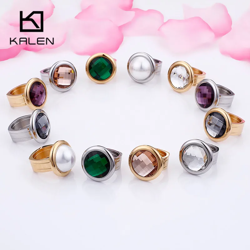 

KALEN Mujer Anillos Rings Bulgaria Gold Color Stainless Steel Multiple Color Glass Rings For Women Wedding Bands Jewelry